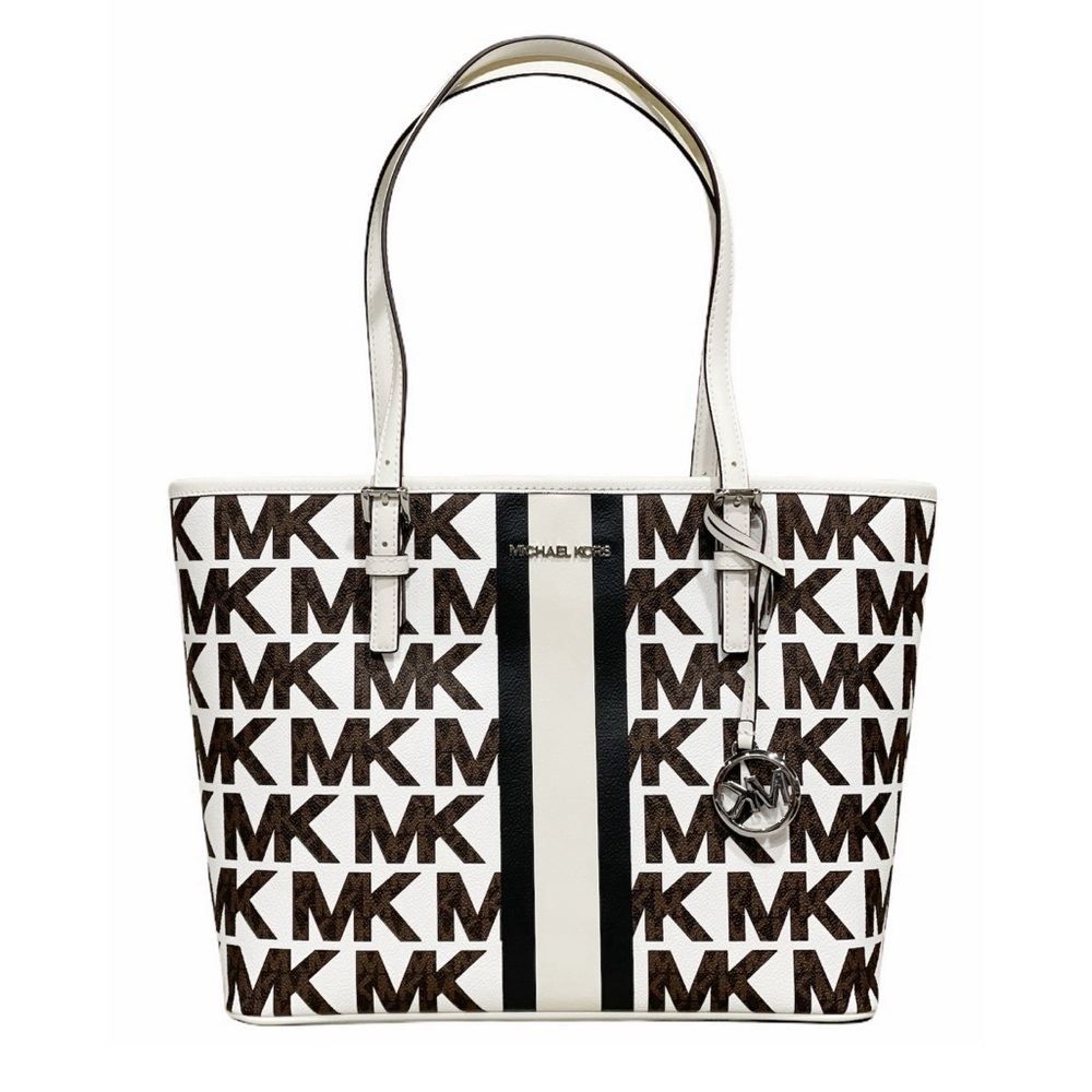 Michael Kors Jet Set Travel Medium Carryall Tote Brown Graphic MK Graphic White